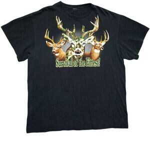 Vintage Survival of the Fittest Camo Deer Graphic Tee – Black – Size XL –